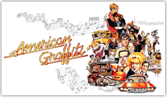 The poster for the movie American Graffiti, featuring a cluster of characters and classic items against a backdrop of a musical score weaving across the image.