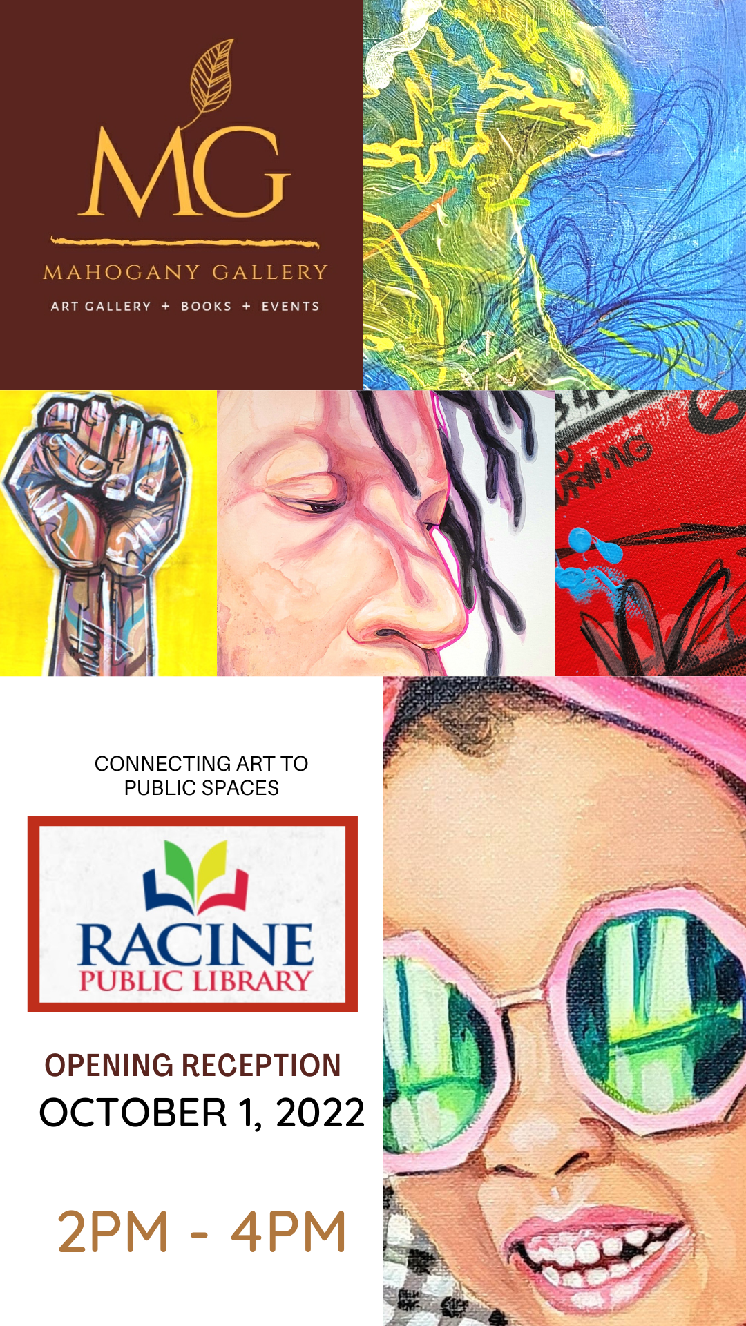 Mahogany Gallery art gallery + books + events. Connecting art to public spaces. Racine Public Library. Opening reception - October 1, 2022. 2-4pm.