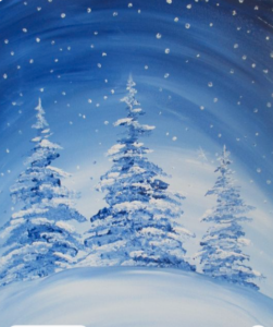 A blue and white painting of snow falling on three pine trees on a snow covered hill.